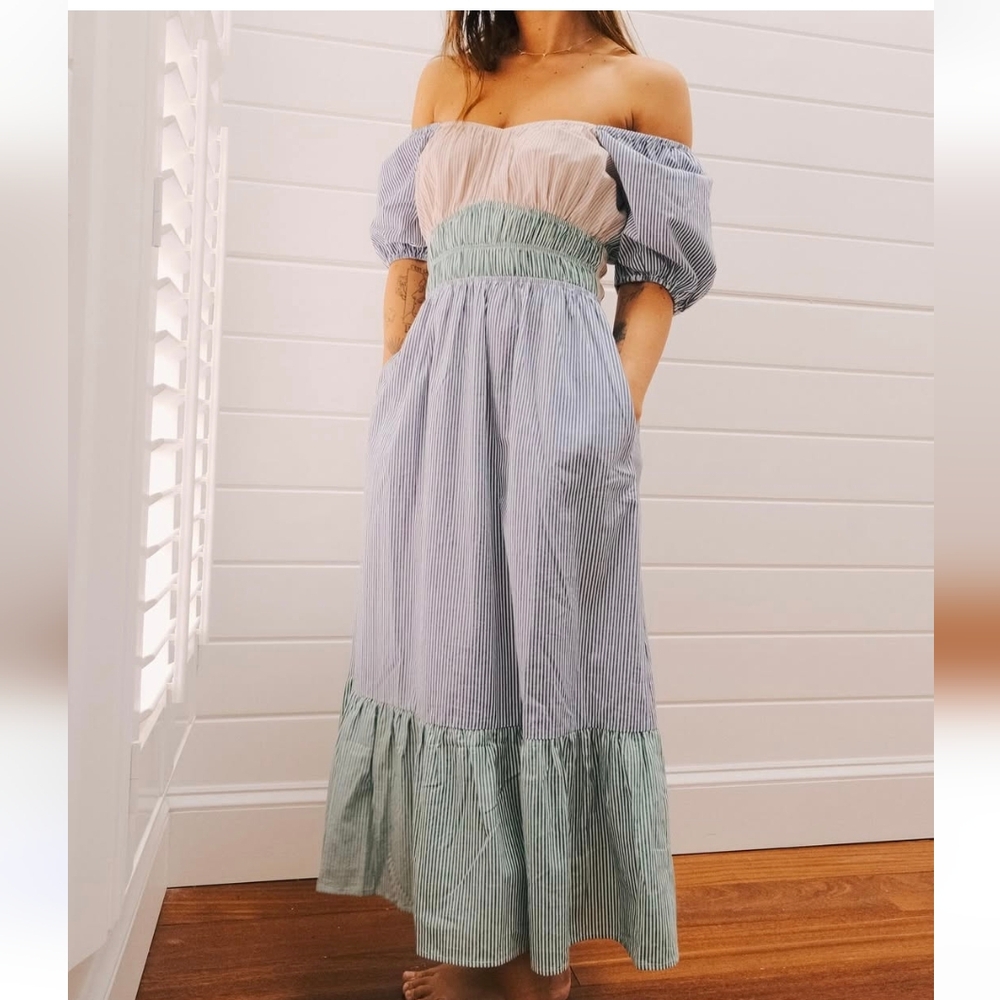 Greylin Annais Striped Blocked Midi Dress - Blue, Pink, Green Sz.M